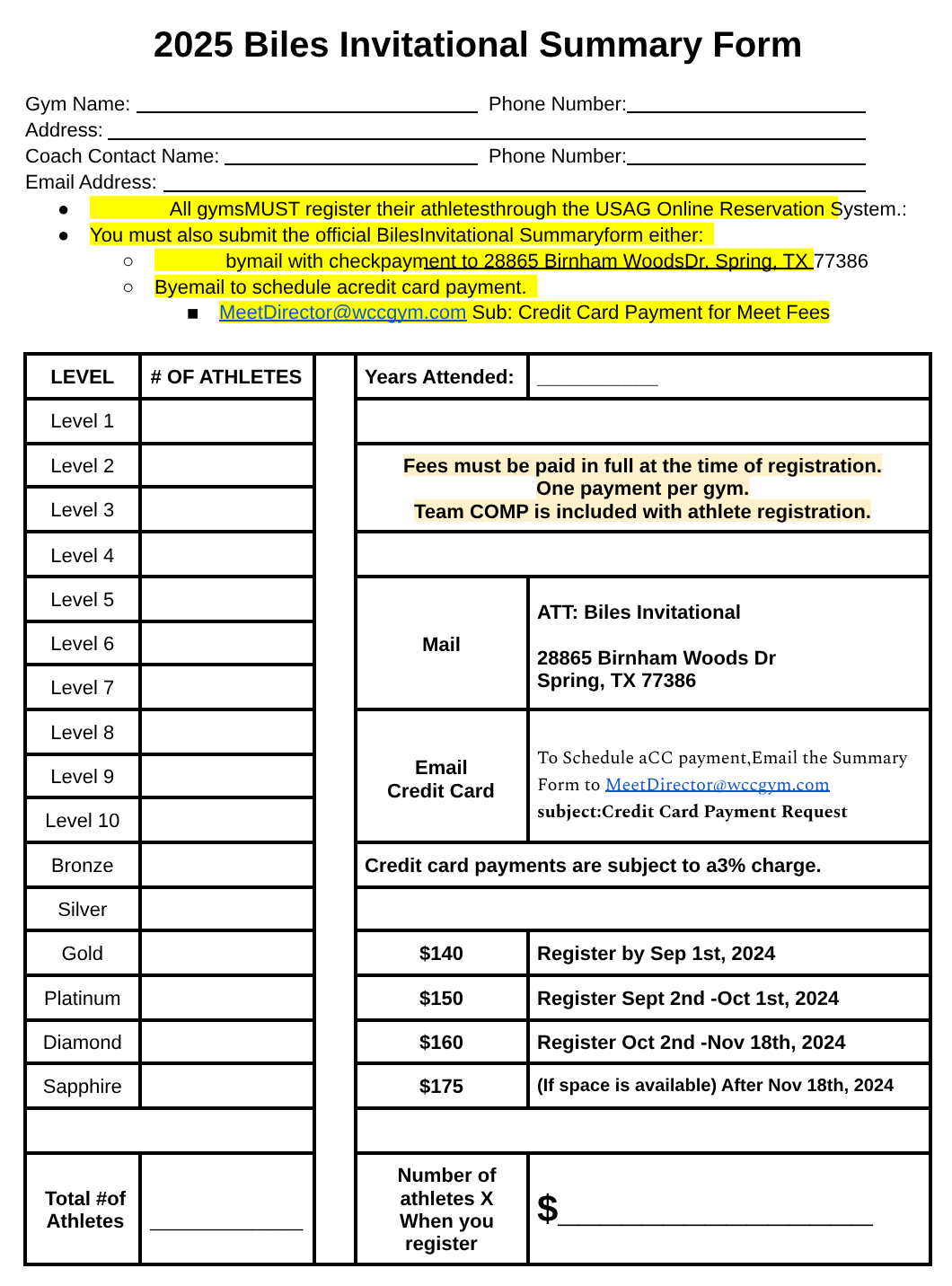 Registration Forms & Coaches Info 2025 Biles Invitational